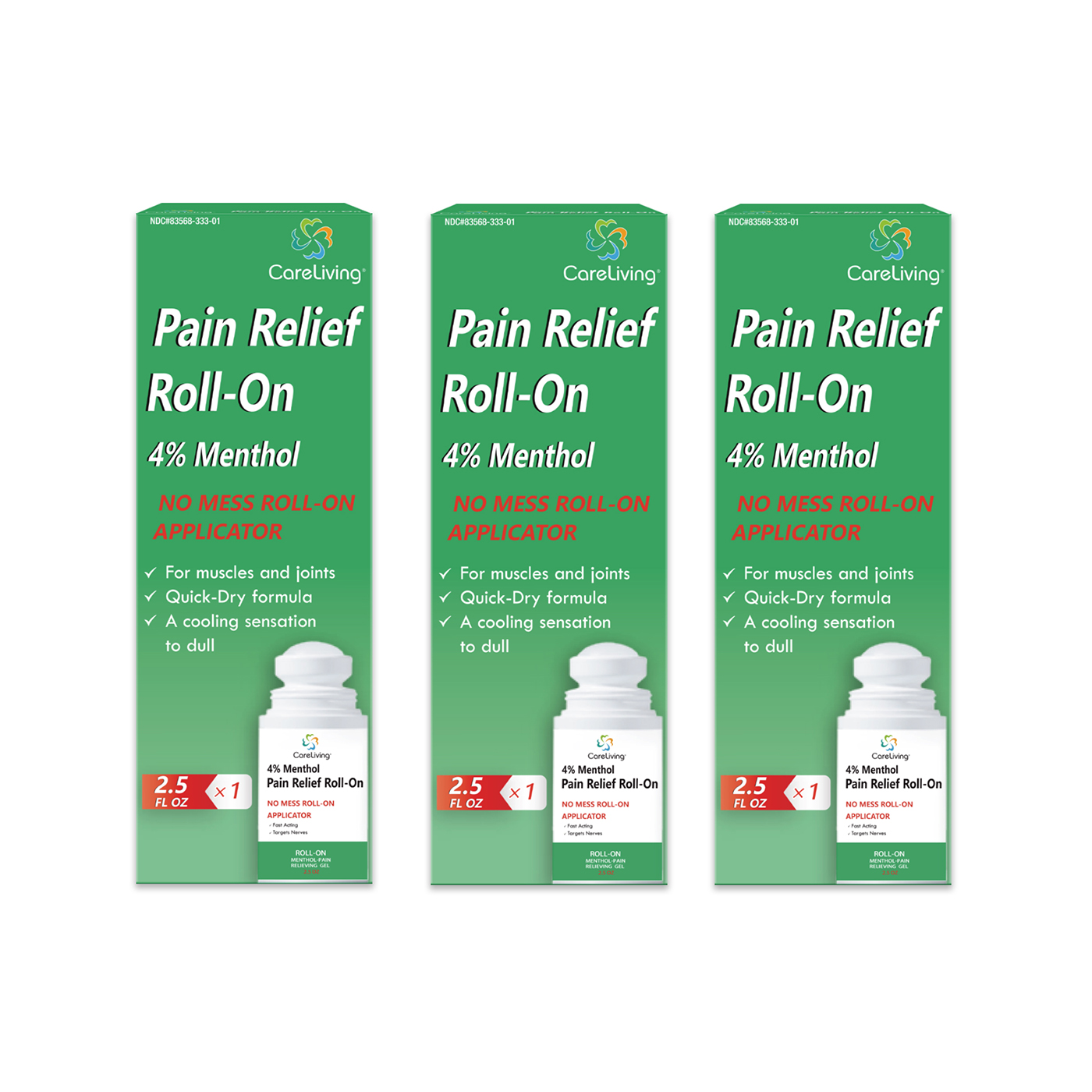 3 Packs Roll On Menthol 4% Gel CareLiving Roll On Pain Relief