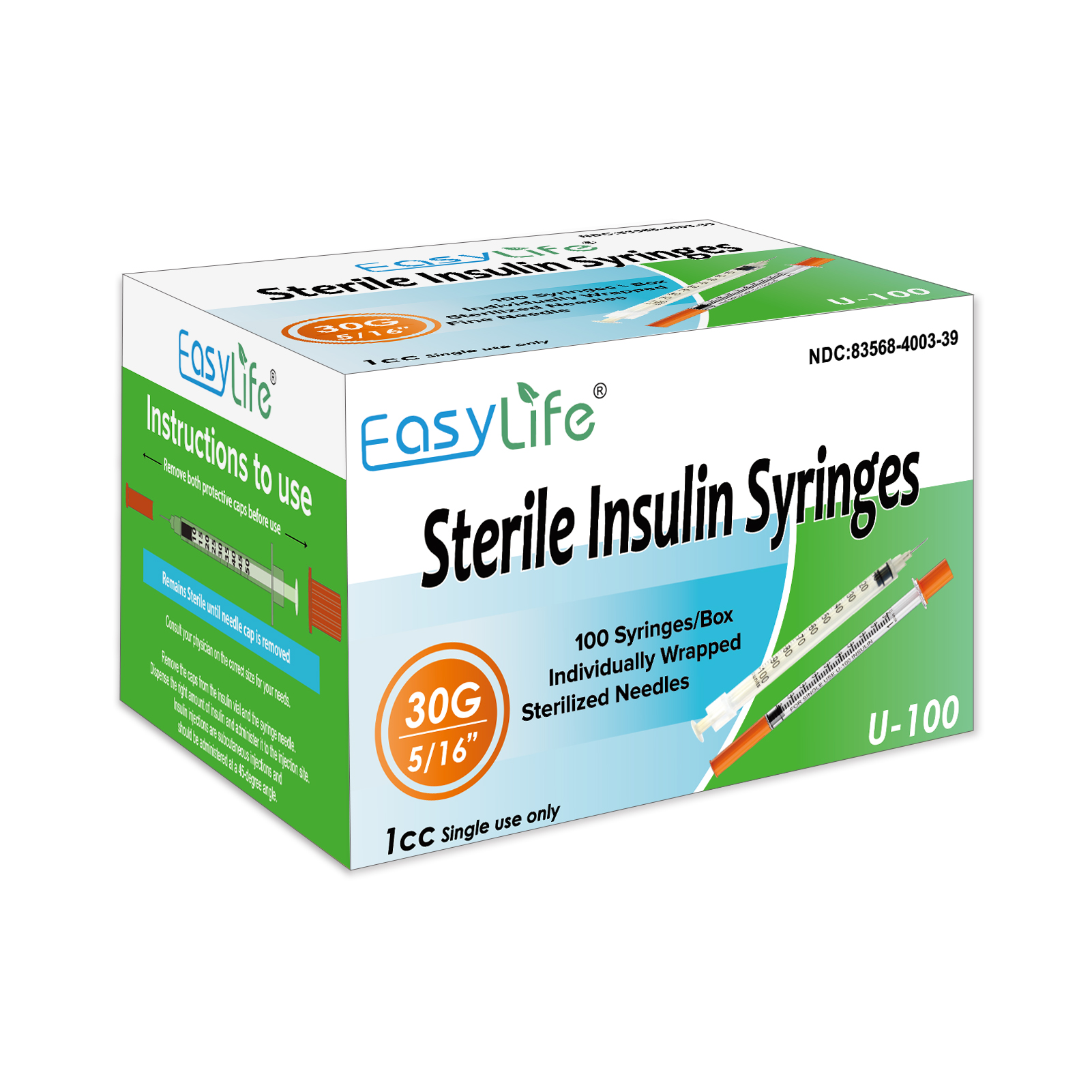 30G 1CC 5/16'' 100 Pack Insulin Syringe Disposable 1ml Lab Syringes