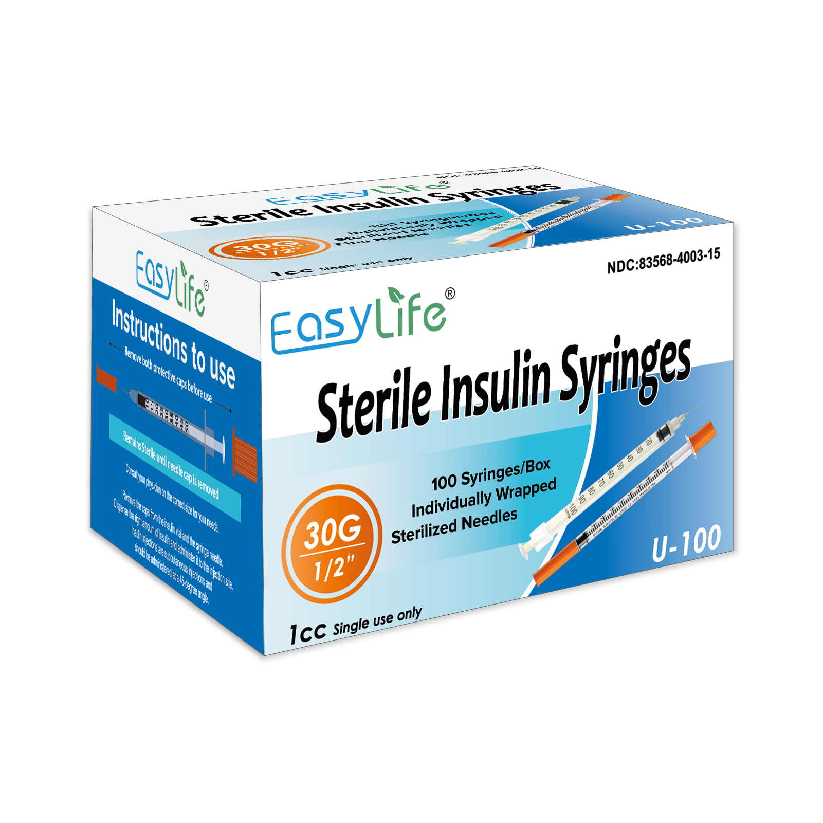 30G 1CC 1/2'' 100 Pcs Insulin Syringe Disposable 1ml Lab Syringes